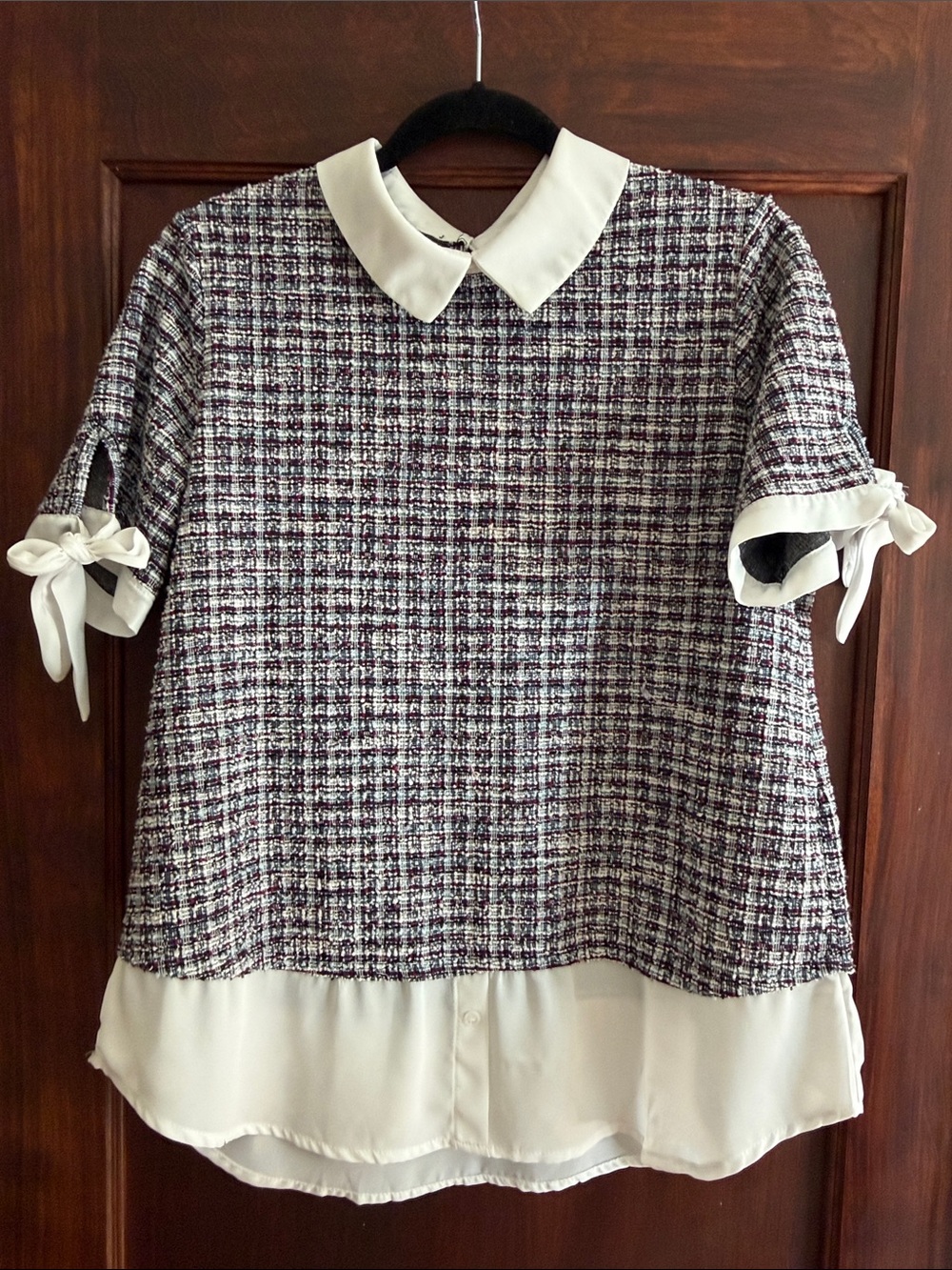 Misia Tweed-Effect Blouse with White Collar and Bows